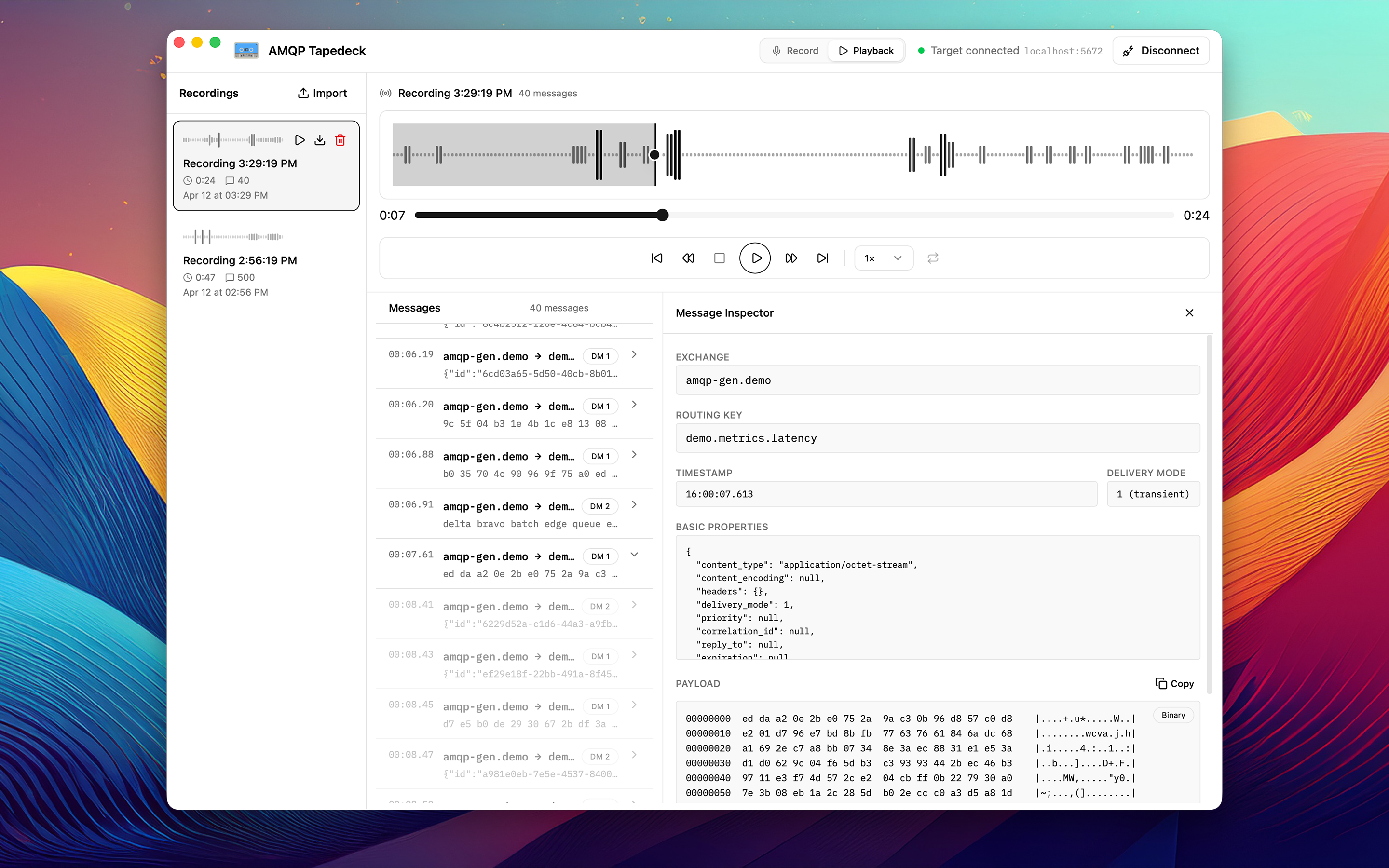 AMQP Tapedeck app screenshot